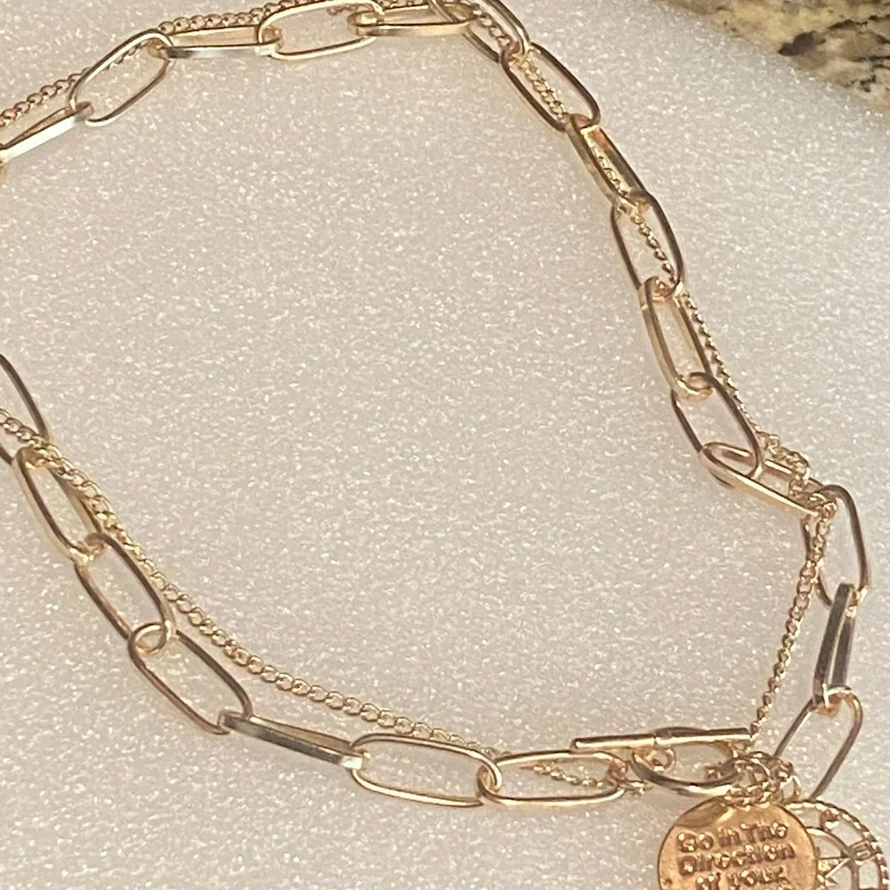 Golden Layered Paperclip Chain, Toggle Clasp, Compass Pendant, Engraved Quote!